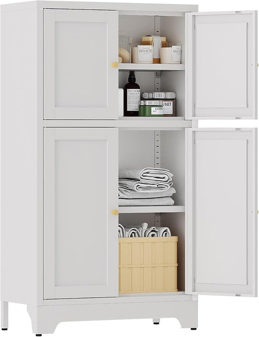 YAUWOH White Bathroom Floor Cabinet, Metal Storage Cabinet with 2 Adjustable Shelves & 4 Doors,Freestanding Sideboard for Dining Room,Living Room, Home Office