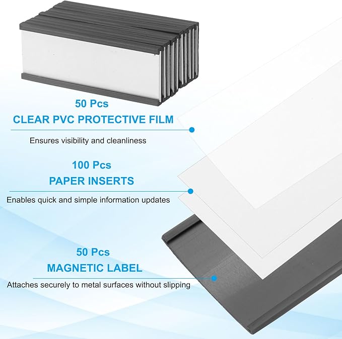 PATIKIL Magnetic Label Holder 2" x 0.7" with Paper Inserts, 50 Pcs C Channel Magnetic File Cabinet Labels Shelf Data Card Holder Signs for Metal Racks Shelves Whiteboard Tool Box