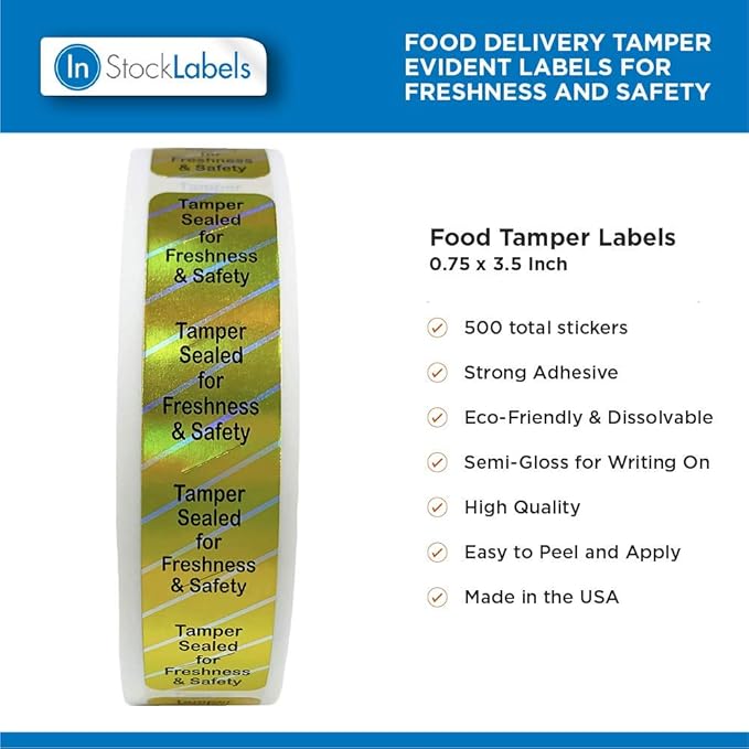 InStockLabels 500 Metallic Gold Tamper-Evident Food Seal Stickers, Labels for Food Containers (0.75 Inches x 3.5 Inches)