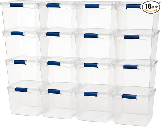 HOMZ Heavy Duty Modular Clear Plastic Stackable Storage Tote Containers with Latching and Locking Lids, 31 Quart Capacity, 16 Pack