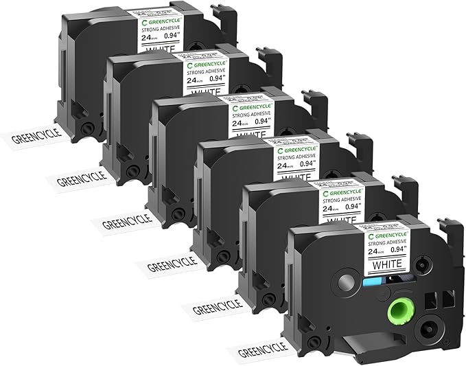GREENCYCLE Extra Strength Adhesive Black on White Label Tape Compatible for TZE-S251 TZS251 AZES251 0.94" 24mm for PT2730 PT9600 PTD600VP PTD800W PTH500LI PTP700 PTP710BT PTP750W-6 Pack