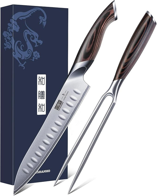 HOSHANHO 8 Inch Carving Knife & 7 Inch Fork Set, Professional Japanese High Carbon Steel Razor Sharp Butcher Brisket Slicing Knife Set for Meat Cutting, BBQ