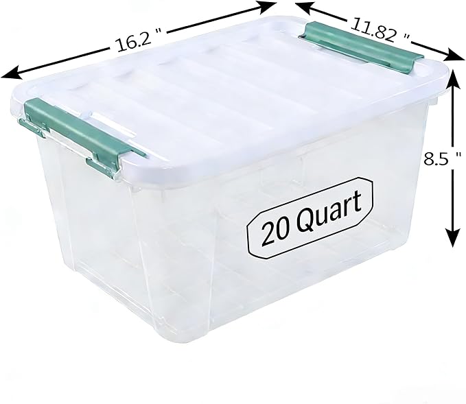 4-Pack Latching Box, Storage Bins with Lids, Clear Plastic, 20 Quart, Heavy-Duty Organizing Containers for Closet, Bathroom, and Office