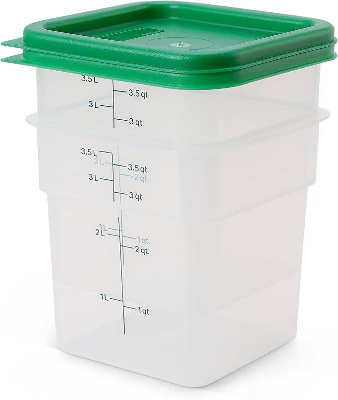 Cambro Food Storage Container with Lid (Microwave Safe and BPA-Free) - 2 Pack - Classic Series Square with Green Lid - 4 QT (Quart) - Commercial Grade for Food Prep (Translucent)