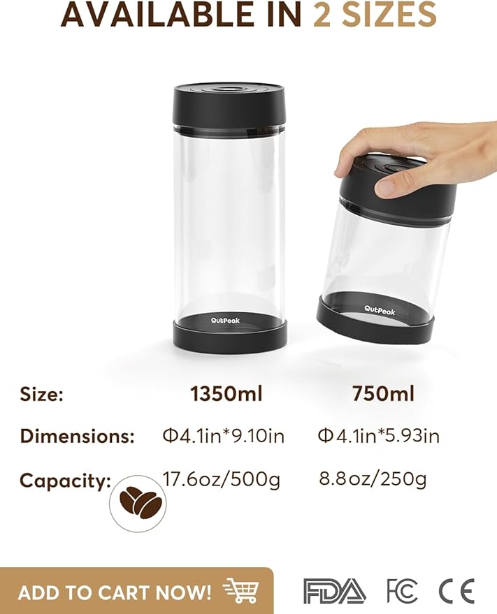 OUTPEAK Neo Latest Auto Vacuum Coffee Canister, 0.75L for 8.8oz Coffee Beans, One-Button Operation, Small Airtight Coffee Canister with Scoop, Coffee Storage Container Clear Glass (Champion's Choice)