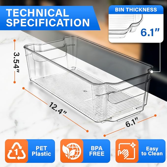 6-Piece Stackable Refrigerator Bin Organizer Set with Easy Grip Handles - Clear Multi-Purpose Storage Bins for Fridge and Pantry Use