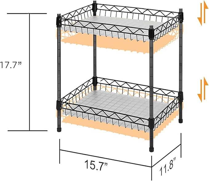 Storage Shelves Mimi, 2-Tier Wire Shelving Unit with Baskets Storage Rack Corner Shelf Shelving Adjustable Storage Shelf, 11.8" D x 15.7" W x 17.7" H, Black