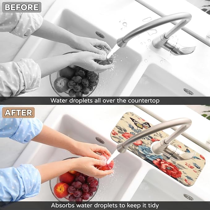 Vintage Floral Butterfly Kitchen Faucet Mat Splash Guard, 15.4”x5.7” Absorbent Quick Drying Sink Mat for Countertop Protection, Draining Mat Sink Protectors For Kitchen Bathroom, 2 Pack