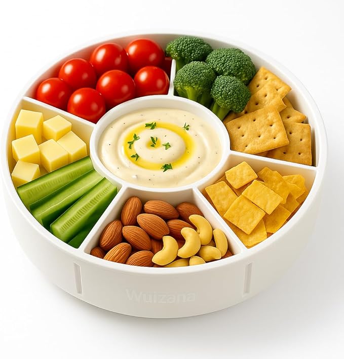 Divided Snack Container with Lid, 6-Compartment Round Snack Box with Handle, Portable Snack Tray for Fruits, Appetizers & Party Snacks, BPA-Free, Microwave & Dishwasher Safe