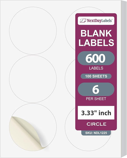 NextDayLabels 3.33 Inch Round Circle Stickers White Blank Labels for Laser Inkjet Printer - 6 Per Sheet Self-Adhesive Product Packaging Logo Made in USA - 600 Labels