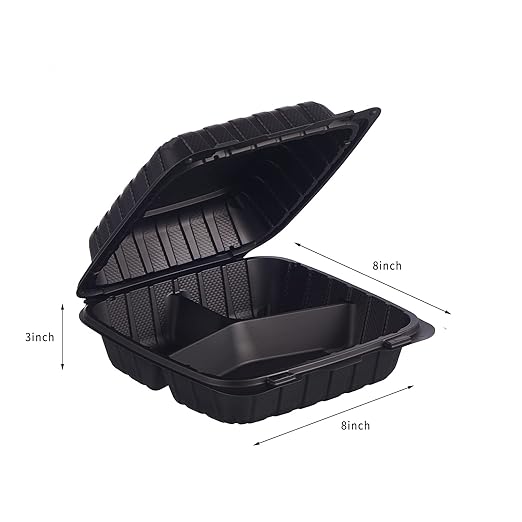 8X8" 3-Compartment 50-Pack Plastic Clamshell Takeout Food Trays Heavy Duty Togo Disposable Box For Pasta Salad Sandwich Carryout Meal Prep Packaging Catering Hinged Containers With Secure Snap Lid
