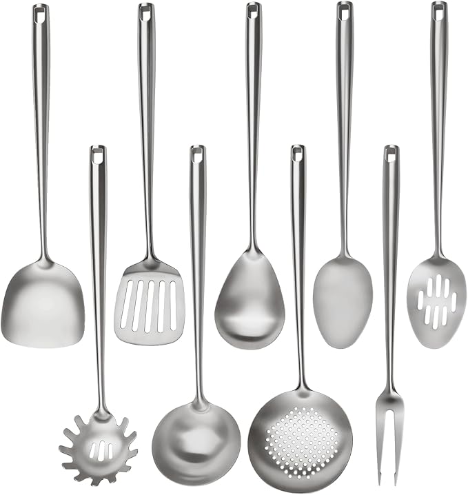 18/10 Stainless Steel Cooking Utensils Set,9 Pcs Professional All Metal Stainless Steel Kitchen Utensils Set with Wok Spatula,Soup Ladle,Skimmer,Slotted Spatula Turner, Large Spoon(Dishwasher Safe)