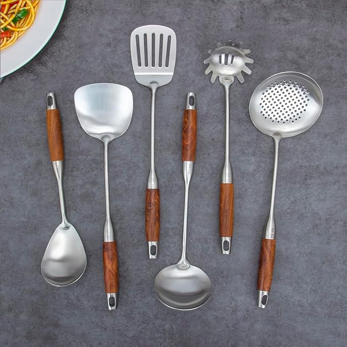 VALESKA 304 Stainless Steel Kitchen Utensils Set with Wood Handle, 6 PCS Metal Cooking Utensils Set, metal spoon,kitchen essentials, Non-Stick and Heat Resistant, Easy to Clean