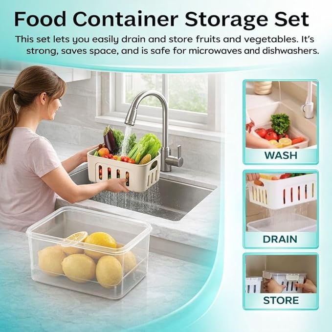 Fruit Containers for Fridge Keep Fresh, 5-Pack Produce Containers for Fridge with Lids, Meal Prep Containers, Food Organizer with Removable Colander, Microwave & Dishwasher Safe (White)