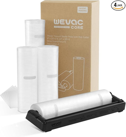 Rolls with Dispenser - 4 Pack 2 Rolls 8"x20' & 2 Rolls 11"x20', Vacuum Sealer Bags, Leakproof Heavy Duty Food Storage for Sous Vide, Meal Prep, Freezer, Compatible with Food Saver, Wevac Core