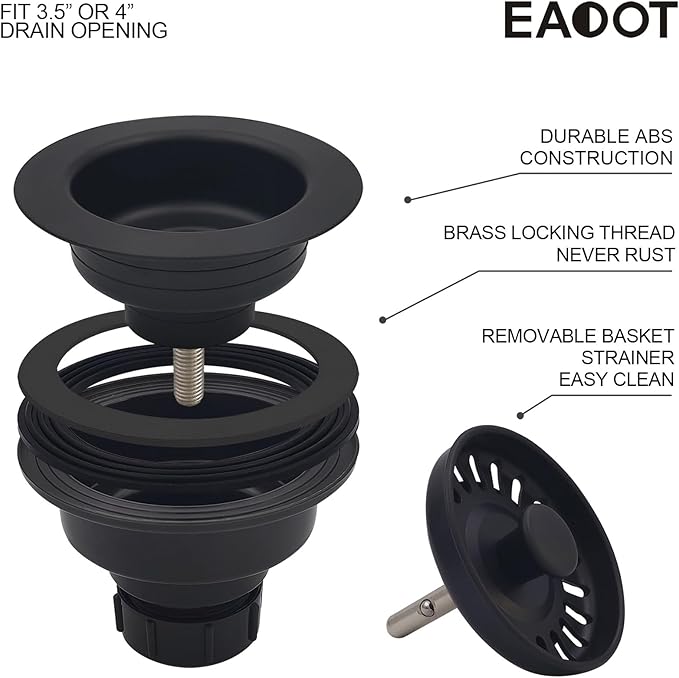 3-1/2 Inch Polymer Black Sink Drain Assembly with Basket Strainer and Stopper for Quartz, Granite or Fireclay Kitchen Sinks