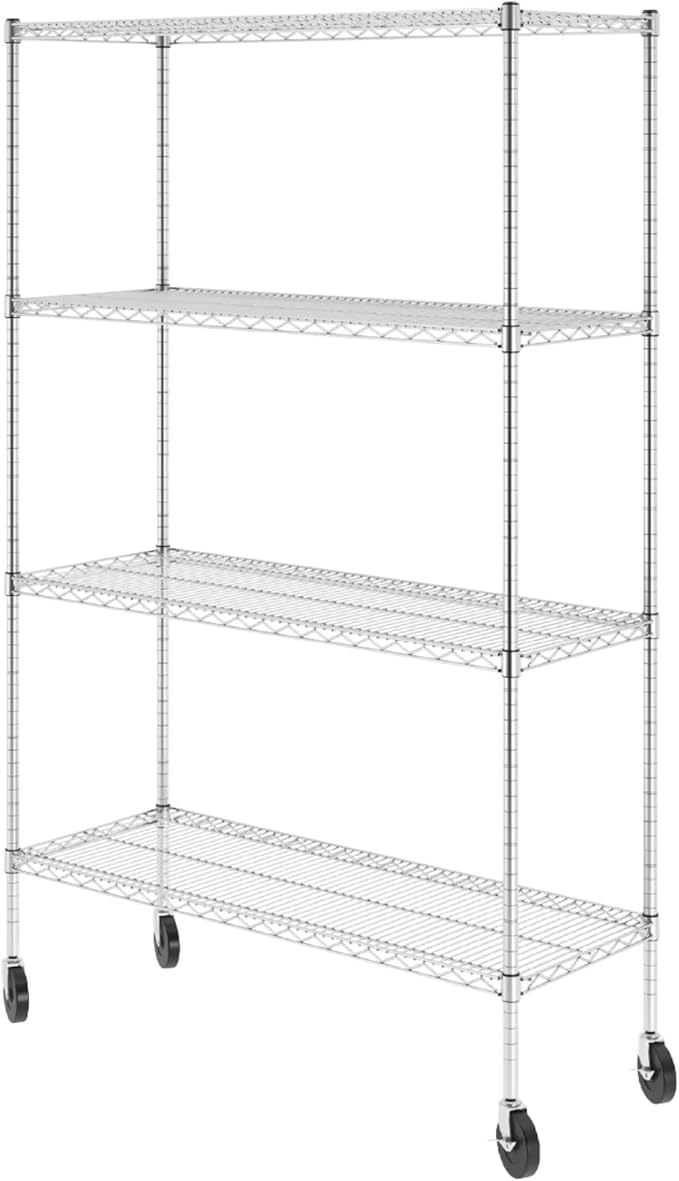 SafeRacks - NSF Certified Storage Shelves, Zinc, Heavy Duty Steel Wire Unit with Wheels and Adjustable Feet, Garage or Bakers Rack, Kitchen, Pantry Shelf - (18"x48"x72" 4-Tier) (Silver)
