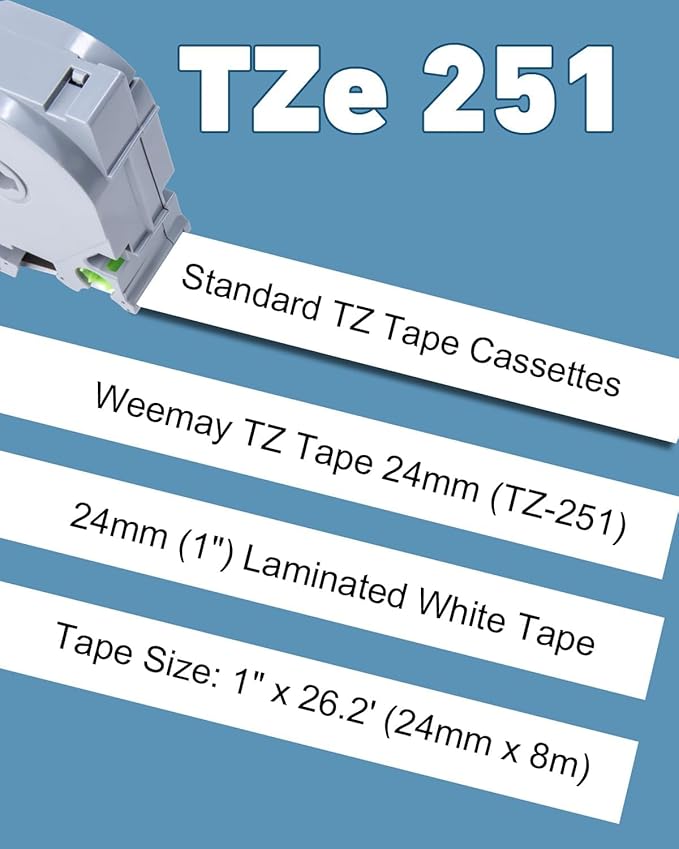 Weemay 18-PK TZ Tape 24mm 0.94 Laminated White TZe-251 Compatible for Brother P Touch Label Tape 24mm Black on White TZc251 TZ251 TZ 251 for PT-P700 PT-P750W PT-D600 PT-P900W Printer