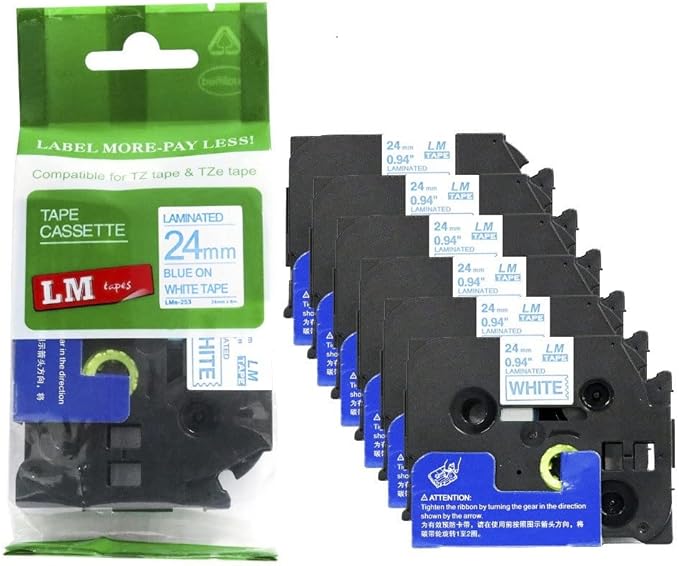 6/Pack LM Tapes - LMe-253 Premium 1" Blue Print on White Label Compatible with Brother TZe-253 P-Touch and Includes Tape Color/Size Guide. Replaces TZ253 24mm 0.94 Laminated