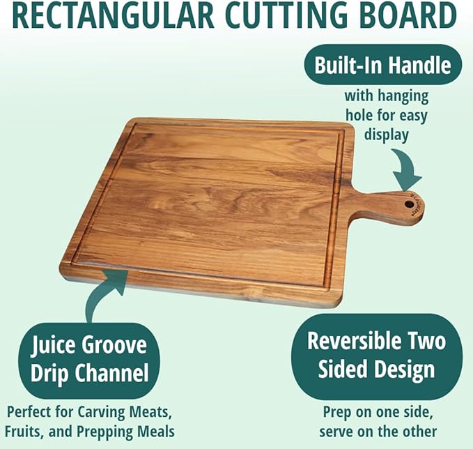 EcoDecors 19"x12" Teak Cutting Board with Juice Groove & Handles, FSC Certified Edge Grain Wood, Large Carving Board for Kitchen & Serving