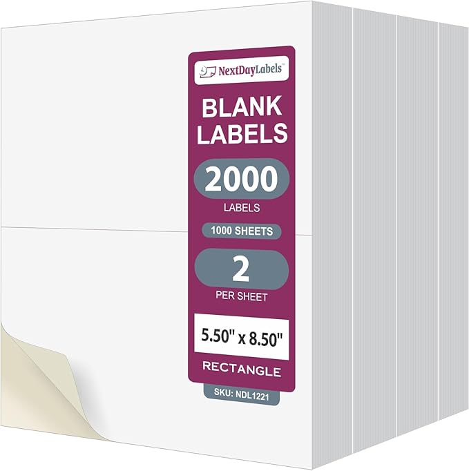 NextDayLabels 8.5x5.5 Half Sheet Stickers White Blank Labels for Laser Inkjet Printer - 2 Per Page Self-Adhesive Shipping Packaging Product Made in USA - 2000 Labels