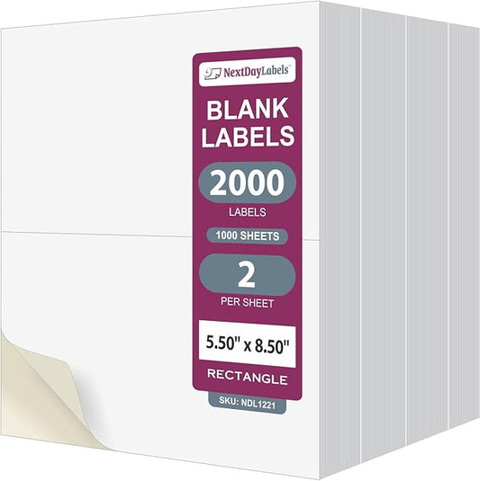 NextDayLabels 8.5x5.5 Half Sheet Stickers White Blank Labels for Laser Inkjet Printer - 2 Per Page Self-Adhesive Shipping Packaging Product Made in USA - 2000 Labels