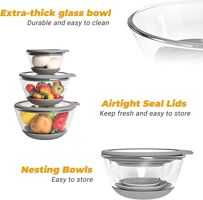 Mrs. Chou Glass Mixing Bowls HEAVY DUTY Top Choice for High-end Kitchens Extra-thick Glass Mixing Bowl Set of 3 with BPA-Free Airtight Lids Large Nesting Bowls with Non-Slip Silicone Base Well-made