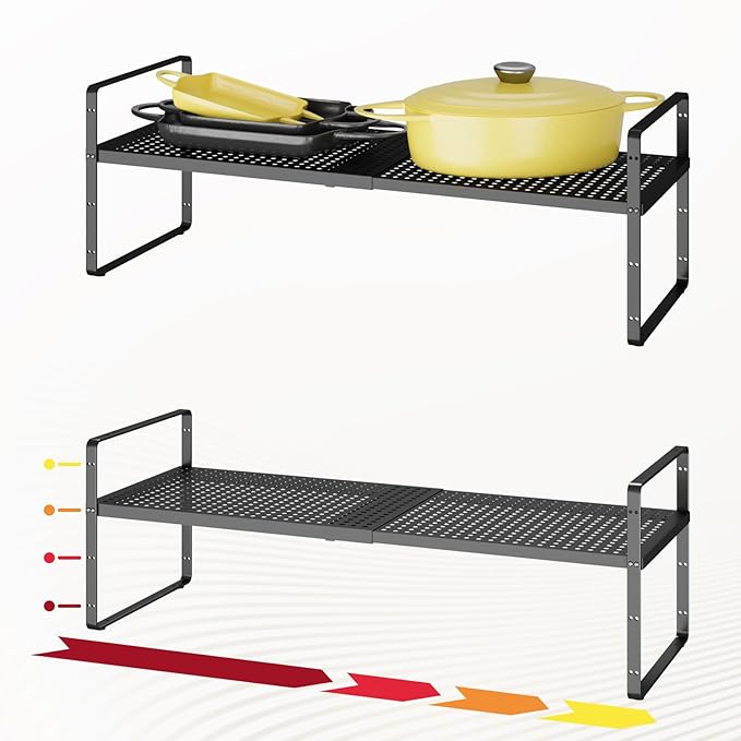 taiheis Hole Pattern Expandable Shelf Organizer,2Pack 10.2" Wide Easy to Assemble Cabinet Organizer Shelf, 16.5~27.1" Adjustable Height&Stackable Spice Organization for Cupboard, Black