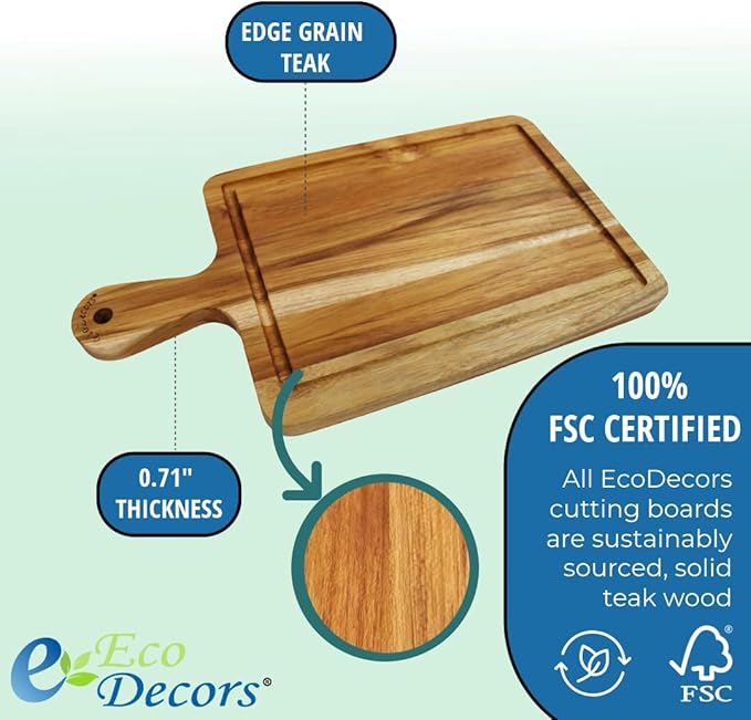 EcoDecors 15.5"x8.5" Teak Cutting Board with Handle, FSC Certified Edge Grain Wood, Small Kitchen Prep Board for Cheese & Charcuterie