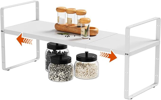 DPZM 16.5-27’’L Expandable Cabinet Countertop Shelf Organizer, Stackable Metal Shelves, Kitchen Organizers and Storage, White Storage Spice Rack for Pantry and Cupboard