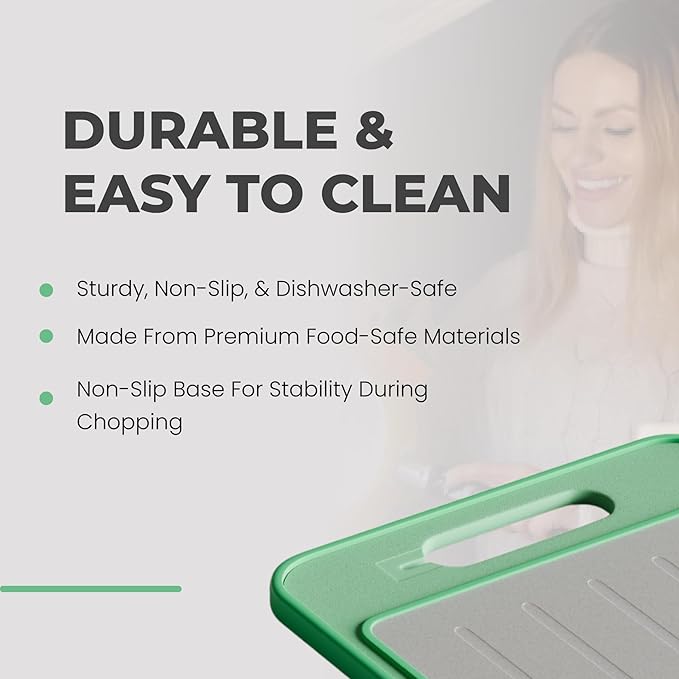 2-Sided Cutting Board with Built-In Grinder & Knife Sharpener - Stainless Steel & Buckwheat Surface - Non-Slip, Durable, Easy-to-Clean, Juice Groove, Portable for Kitchen & Camping (Mint)