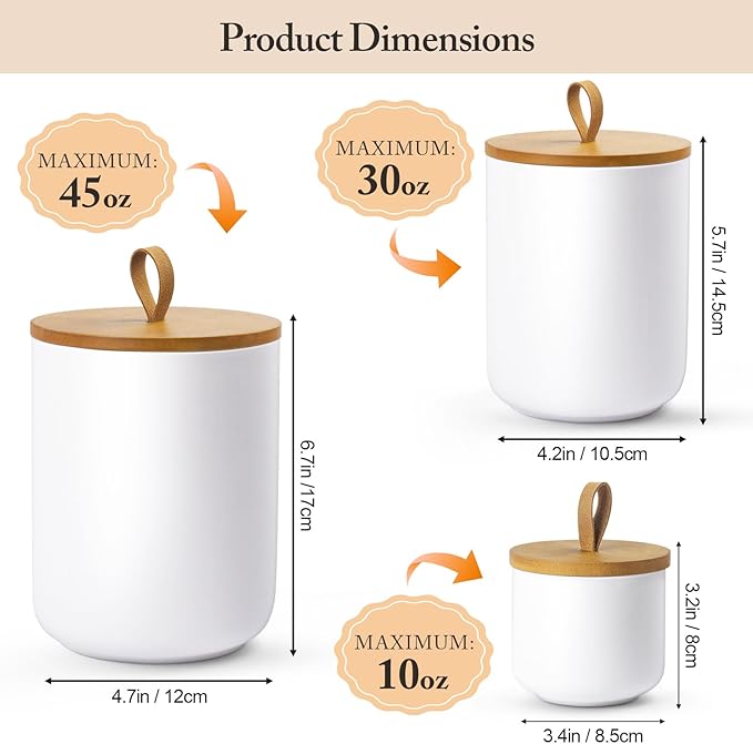 Canisters Sets for The Kitchen, Airtight Kitchen Canisters for Countertop, Kitchen Canisters Set of 3 with Top Handle, Modern Ceramic Jar with Wooden Lid for Coffee Flour Cookie Nuts (White)