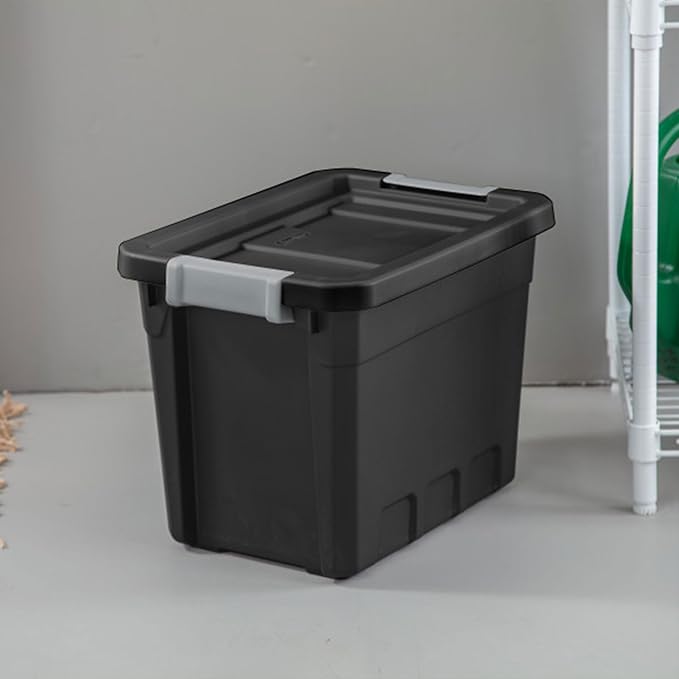 Sterilite 6-Pack 7.5 Gallon Stacker Tote, Rugged Plastic Storage for Home Organization, Black - Stackable Organizer Bins with Recessed Lid & Heavy-Duty Latches for Closet, Basement, Garage and Attic