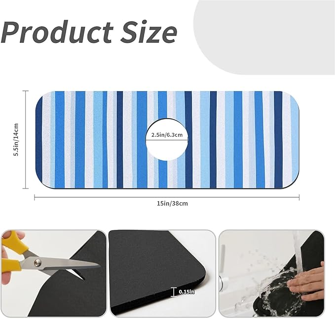 Kitchen Sink Splash Guard，Blue and white stripes Faucet Mat Sink Gadgets-Super Absorbent Fast Drying Mat Drip Catcher for Kitchen, Bathroom,Sink Mat, Dish Drying Mat, Bathroom(15" X 5.5" )