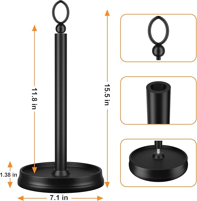 Kasunto Standing Paper Towel Holder, Non-Slip Paper Towel Roll Holder for Bathroom, Stainless Steel Kitchen Paper Towel Stand Countertop (Matte Black, 2 Pack)