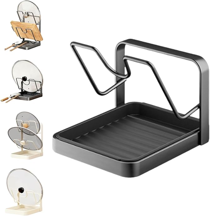 Kitchen Pot Lid Storage Rack, Pot Lid Organizer Rack, Holder While Cooking, Multifunctional Kitchen Pot Cover Organizer for Countertop, Two-Compartment Spatula Holder for Counter Stove Top (Gray A)