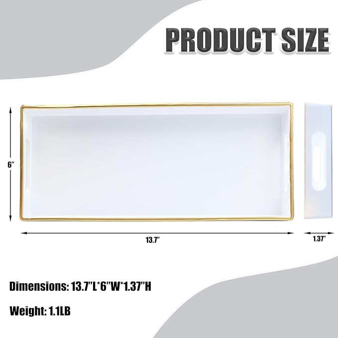 Leemxiiny White Bathroom Vanity Tray for Countertop, Small Plastic Toilet Tank Versatile Storage & Organization Tray for Makeup, Perfume, Desk, Kitchen, Candles, 13.7"x6"x1.4", 35W