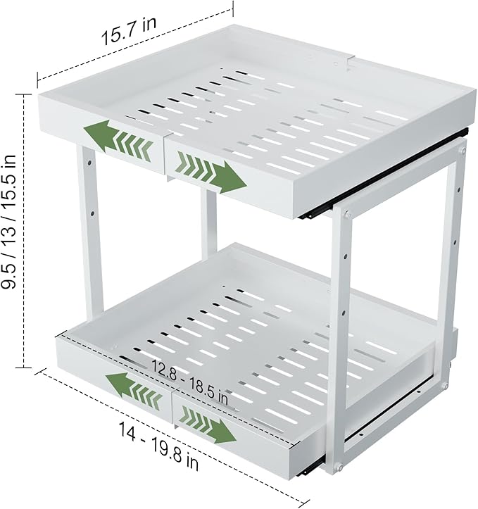 2 Tier Pull Out Cabinet Organizer ,Adjustable Width & Height, Expandable Pull-Out Drawers For Cabinets, Slide Out Shelves for Kitchen Cabinets / Countertop / Pantry,Heavy-Duty & Easy to Install(White)