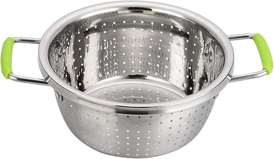 Stainless Steel Deep Colander Micro-perforated 2.5 Quart Metal Food Strainer with Green Silicone Handles for Draining Pasta Cleaning Food like Fruit
