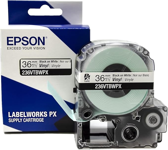 Epson LABELWORKS 236VTBWPX-5PK Genuine Tape Cartridge - Black on White Flexible and Durable Vinyl Industrial Label Maker Tape - 1.5" (36MM) Wide, 22.9 ft - 5 Pack