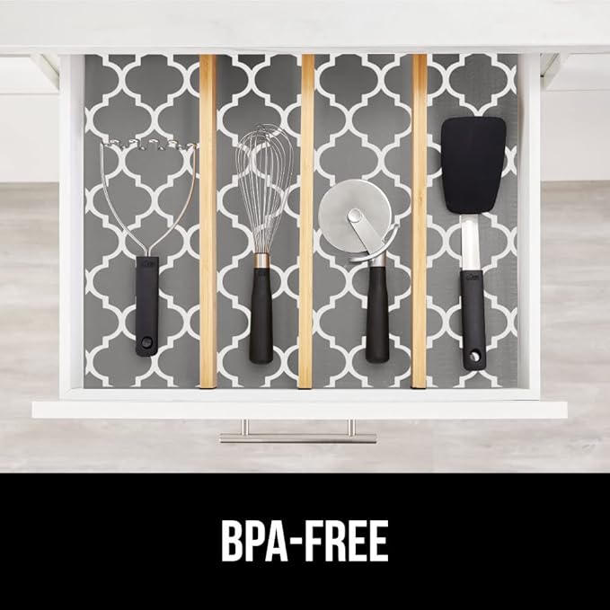 GORILLA GRIP DripGuard Shelf Liner, Non Adhesive Drawer and Kitchen Cabinet Protector, Slip Resistant BPA Free Smooth Surface Plastic Liners for Cabinets, Bathrooms, Closets, 12x240 Inch, White Gray