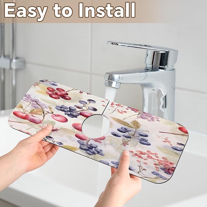 Watercolor Berry Cluster Kitchen Faucet Mat Splash Guard, 15.4”x5.7” Absorbent Quick Drying Sink Mat for Countertop Protection, Draining Mat Sink Protectors For Kitchen Bathroom, 1 Pack