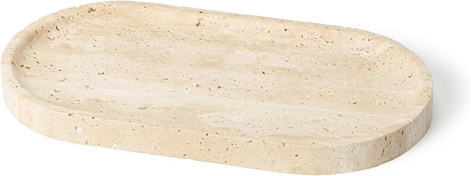 WILD WORKS Natural Travertine Oval Tray - 100% Real Stone Handcrafted, Modern Multi-Purpose Decorative Organizer for Kitchen, Bathroom, Living Room Home Decor
