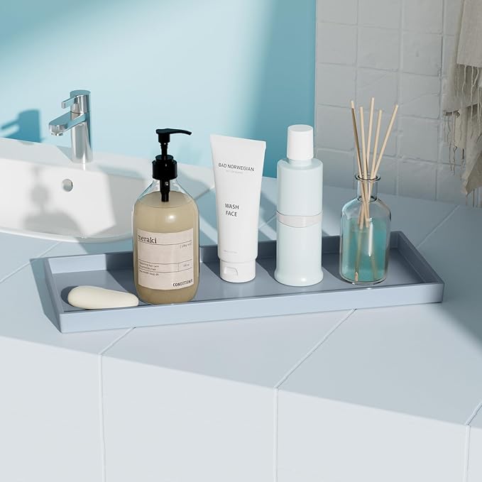 Mriluvy Vanity and Bathroom Tray, 15" ABS Countertop Organizer,Waterproof Vanity Tray for Toilet Tank,Perfume,Soap,Keys,Bathroom Accessories,Kitchen and Bath Trays,Non Slip Small Trays,Gray