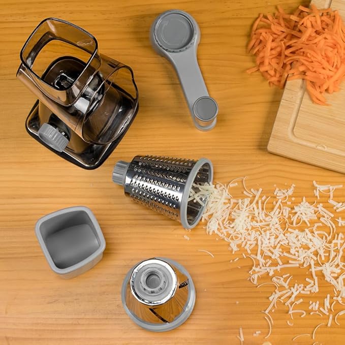 Badelite Cheese Grater Hand Crank Rotating Cheese Shredder Stainless Steel Vegetable Slicer Grater for Kitchen 3 Blades for Cheese, Carrot, Cucumber, Nuts, Chocolate, Dark Grey