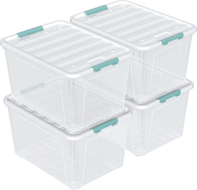 4 Pack 85 Quart Latching Storage Box Bin, Large Storage Box with Wheels, Clear