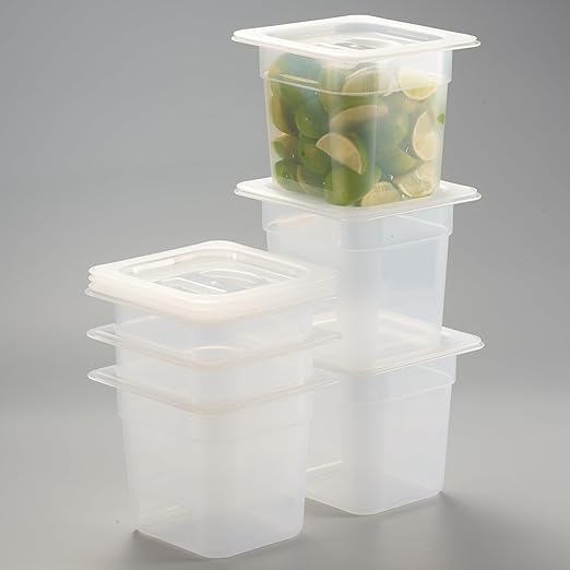 CURTA 6-Pack 1/6 Size 6" Deep Food Pan with Handled Lid – NSF Listed Commercial-Grade Translucent Polypropylene, Stackable Freezer-safe Storage for Restaurants, Catering & Buffets