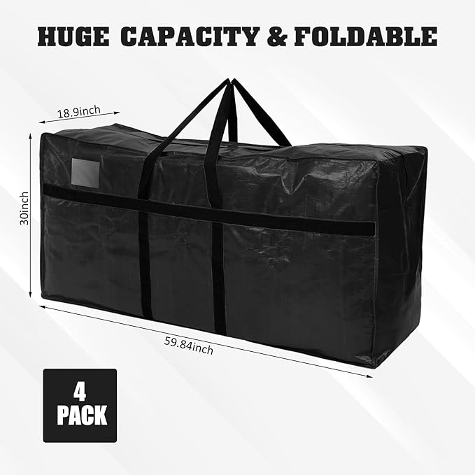 4 Pcs 149 Gallon Extra Large Moving Bags Heavy Duty Storage Bag with Strong Zipper Handle Foldable XXL Jumbo Storage Tote Packing Moving Box for College Dorm Travel Cloth Duffle (Black)