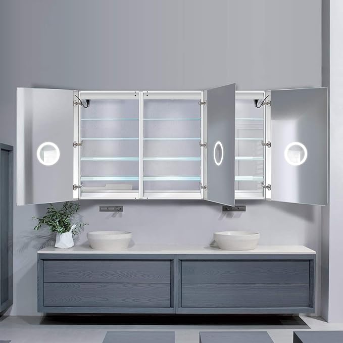 Krugg LED Medicine Cabinet 72 Inch X 42 Inch | Recessed or Surface Mount Mirror Cabinet w/Dimmer & Defogger + 3X Makeup Mirror Inside & Outlet + USB (72 x 42 Left Right Right)