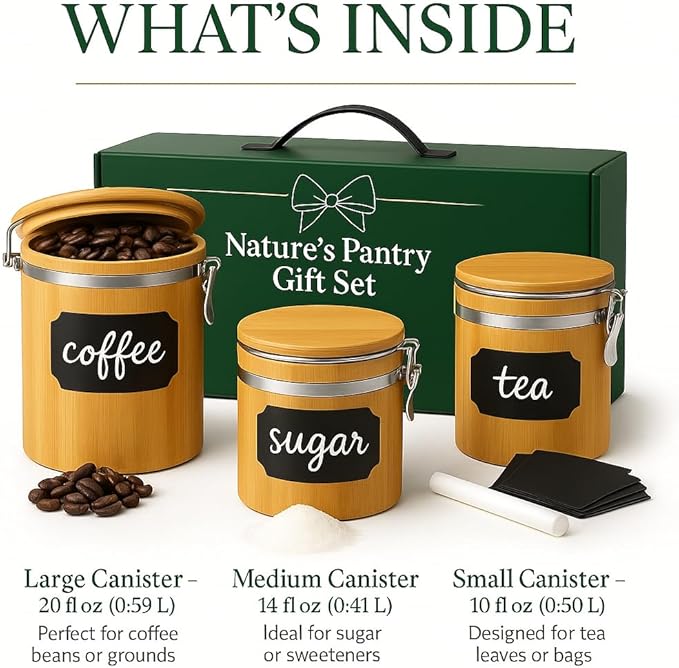 Nature’s Pantry Gift Set – 3 Bamboo Airtight Canisters for Tea, Coffee & Sugar – Storage Jars with Chalk Labels & Marker – Premium Sage Green Gift Box